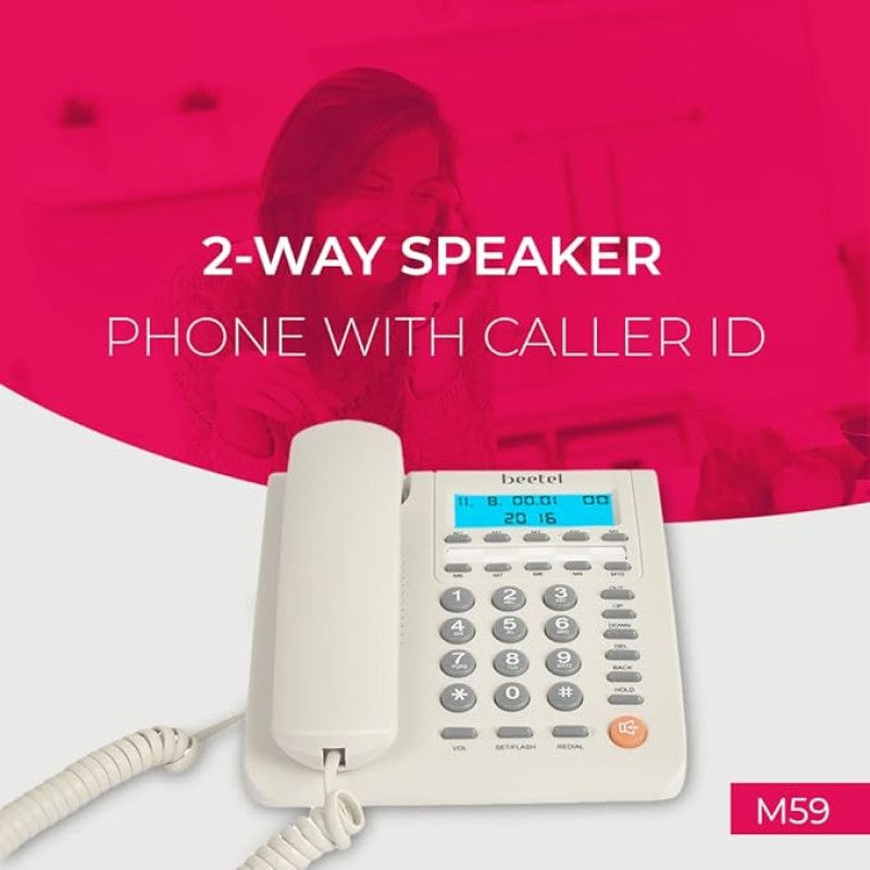 Beetel M59 Caller ID Corded Landline Phone with 16 Digit LCD Display & Adjustable contrast,10 One Touch Memory Buttons,2Ways Speaker Phone,Music On Hold,Solid Build Quality,Classic Design (White)(M59)