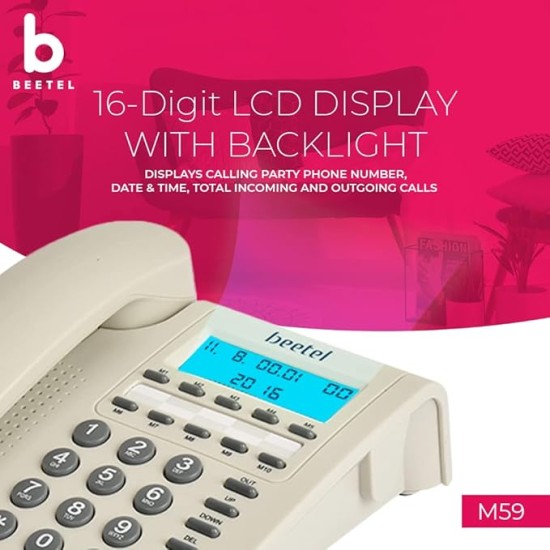 Beetel M59 Caller ID Corded Landline Phone with 16 Digit LCD Display & Adjustable contrast,10 One Touch Memory Buttons,2Ways Speaker Phone,Music On Hold,Solid Build Quality,Classic Design (White)(M59)