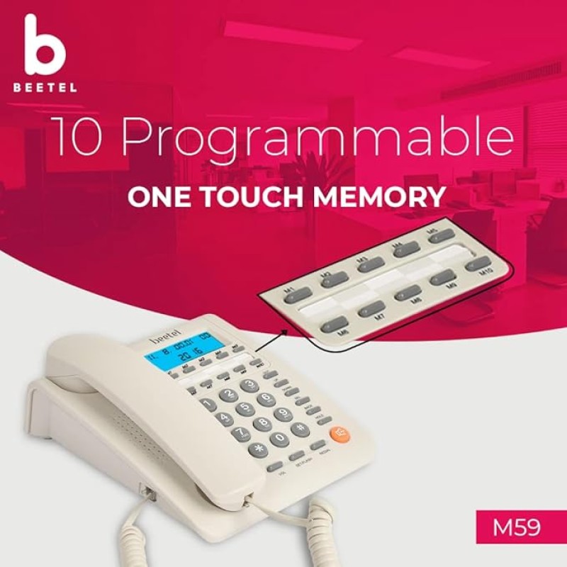 Beetel M59 Caller ID Corded Landline Phone with 16 Digit LCD Display & Adjustable contrast,10 One Touch Memory Buttons,2Ways Speaker Phone,Music On Hold,Solid Build Quality,Classic Design (White)(M59)