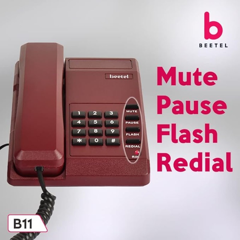 Beetel B11 Corded Landline Phone, Ringer Volume Control, LED for Ring Indication, Wall/Desk Mountable, Classic Design,Clear Call Quality,Mute/Pause/Flash/Redial Function (Made In India)(Dark Red)(B11)