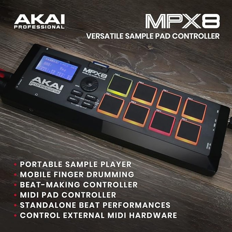 Akai Professional MPX8 |Portable Sample Pad Controller with Velocity-Sensitive Pads, MIDI Connectivi Akai Professional MPX8 |Portable Sample Pad Controller with Velocity-Sensitive Pads, MIDI Connectivi