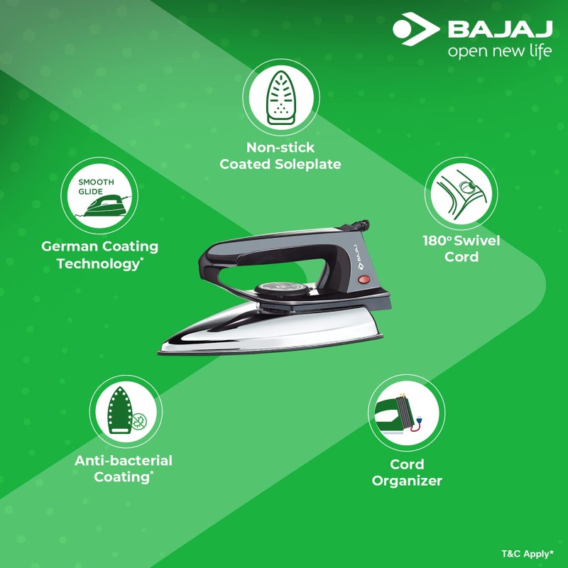 Bajaj DX-2 600W Dry Iron with Advance Soleplate and Anti-bacterial German Coating Technology, Black Bajaj DX-2 600W Dry Iron with Advance Soleplate and Anti-bacterial German Coating Technology, Black