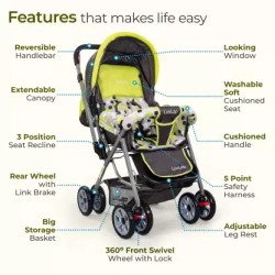 LuvLap Sunshine Baby Stroller/Pram for 0 to 3 Years, New Born/Toddler/Kid, 5 Point Safety Harness, Adjustable backrest, 360° Swivel Wheel, Large Storage Basket, Reversible Handlebar (Light Green)