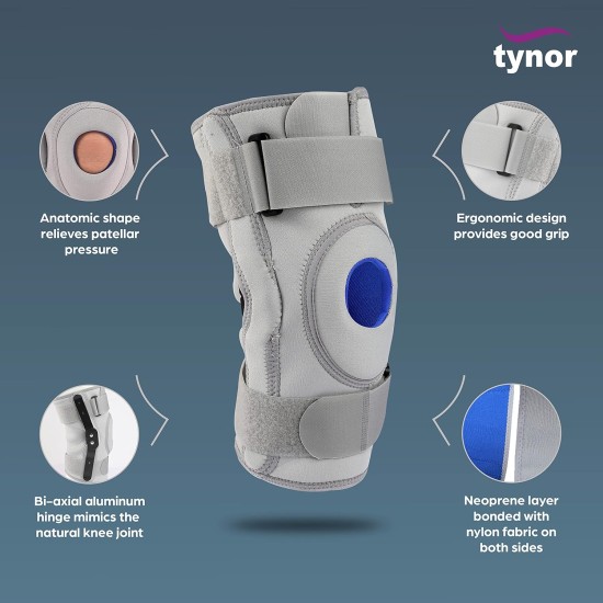 TYNOR Knee Support Hinged (Neoprene), for Stability & Pain Relief | For Sports & Gym (Grey, XXL, 1 Unit)