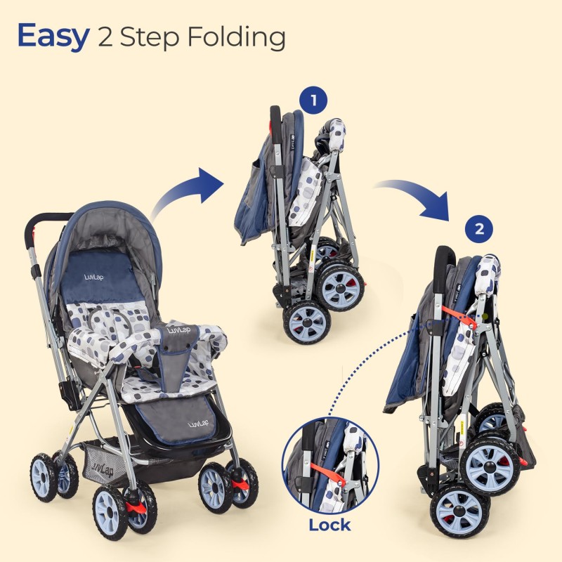 LuvLap Sunshine Baby Stroller/Pram for 0 to 3 Years, New Born/Toddler/Kid, 5 Point Safety Harness, Adjustable backrest, 360� Swivel Wheel, Large Storage Basket, Reversible Handlebar(Navy Blue) LuvLap Sunshine Baby Stroller/Pram for 0 to 3 Years, New Born/Toddler/Kid, 5 Point Safety Harness, Adjustable backrest, 360� Swivel Wheel, Large Storage Basket, Reversible Handlebar(Navy Blue)