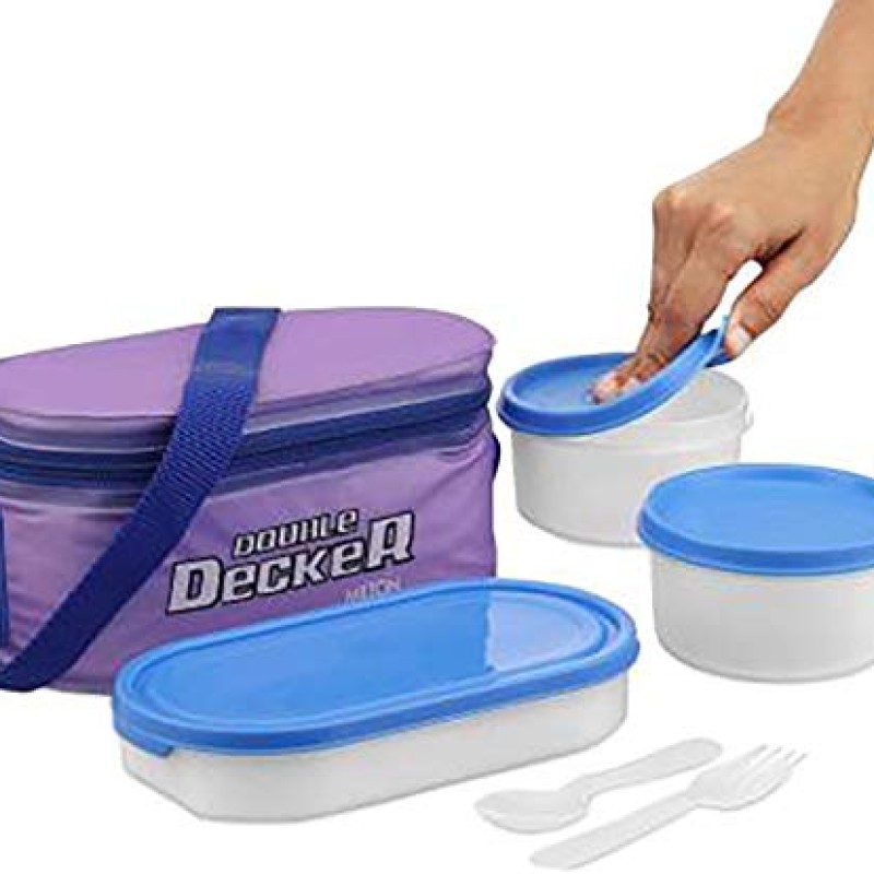 MILTON Double Decker Plastic Lunch Box with Insulated Jacket, 3 Containers (450 ml, 280 ml, 280 ml), Microwavable & Leak-Proof Tiffin for Office, School, College, Purple MILTON Double Decker Plastic Lunch Box with Insulated Jacket, 3 Containers (450 ml, 280 ml, 280 ml), Microwavable & Leak-Proof Tiffin for Office, School, College, Purple