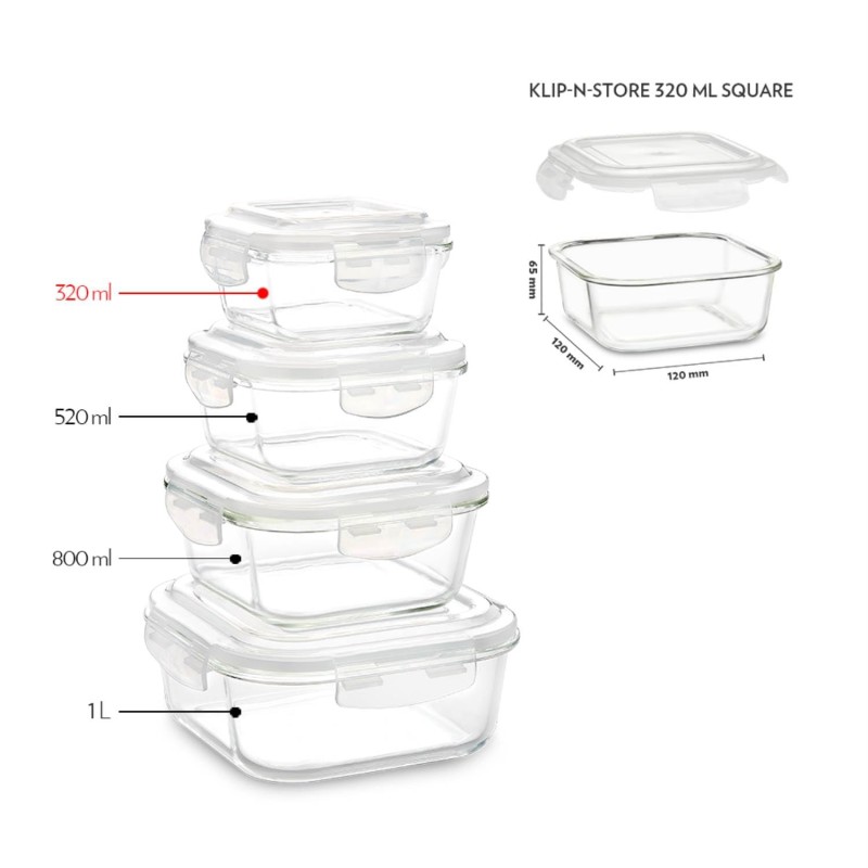Borosil Klip N Store Glass Storage Container For Kitchen With Air-Tight Lid, Microwave & Oven Safe, Square, 320 ml, Clear Borosil Klip N Store Glass Storage Container For Kitchen With Air-Tight Lid, Microwave & Oven Safe, Square, 320 ml, Clear