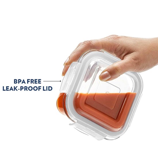 Borosil Klip N Store Glass Storage Container For Kitchen With Air-Tight Lid, Microwave & Oven Safe, Square, 320 ml, Clear