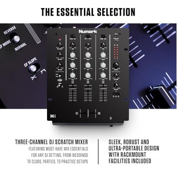 Numark M4 |3-Channel Rack Mountable Scratch DJ Mixer, Combo Jack Connection, with 3-Band EQ, Club-Ready Inputs, Mic Input and Reverse/Slope Controls, Black Numark M4 |3-Channel Rack Mountable Scratch DJ Mixer, Combo Jack Connection, with 3-Band EQ, Club-Ready Inputs, Mic Input and Reverse/Slope Controls, Black