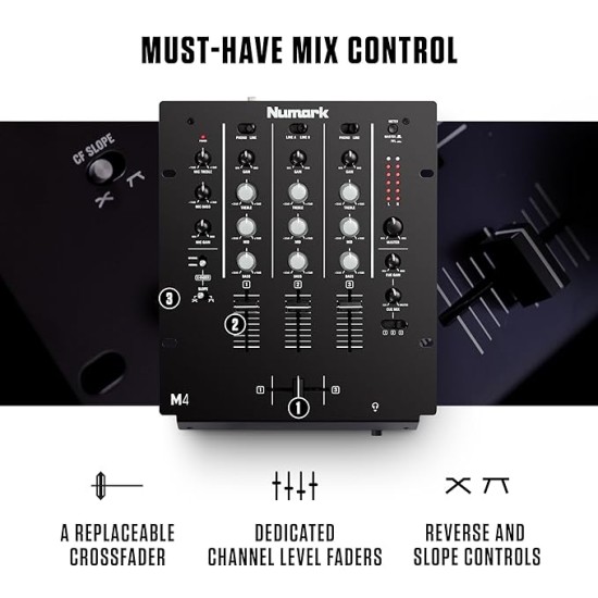 Numark M4 |3-Channel Rack Mountable Scratch DJ Mixer, Combo Jack Connection, with 3-Band EQ, Club-Ready Inputs, Mic Input and Reverse/Slope Controls, Black Numark M4 |3-Channel Rack Mountable Scratch DJ Mixer, Combo Jack Connection, with 3-Band EQ, Club-Ready Inputs, Mic Input and Reverse/Slope Controls, Black
