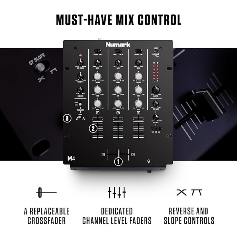Numark M4 |3-Channel Rack Mountable Scratch DJ Mixer, Combo Jack Connection, with 3-Band EQ, Club-Ready Inputs, Mic Input and Reverse/Slope Controls, Black Numark M4 |3-Channel Rack Mountable Scratch DJ Mixer, Combo Jack Connection, with 3-Band EQ, Club-Ready Inputs, Mic Input and Reverse/Slope Controls, Black