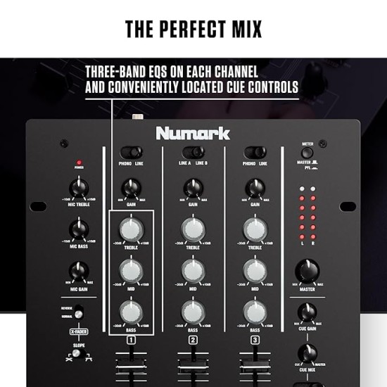 Numark M4 |3-Channel Rack Mountable Scratch DJ Mixer, Combo Jack Connection, with 3-Band EQ, Club-Ready Inputs, Mic Input and Reverse/Slope Controls, Black Numark M4 |3-Channel Rack Mountable Scratch DJ Mixer, Combo Jack Connection, with 3-Band EQ, Club-Ready Inputs, Mic Input and Reverse/Slope Controls, Black