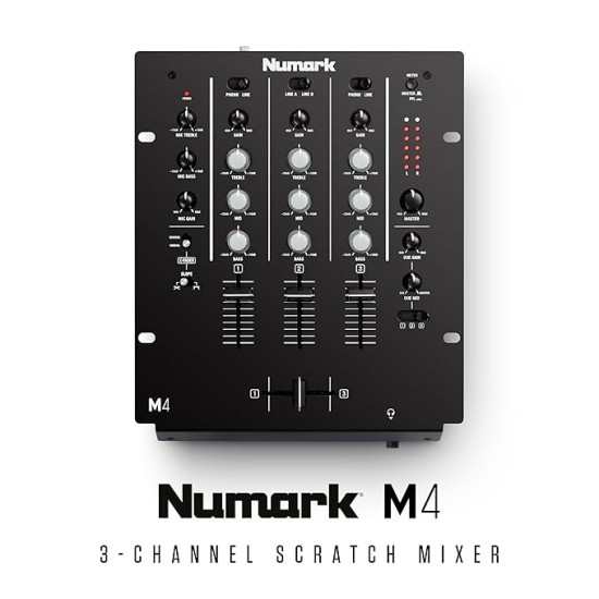 Numark M4 |3-Channel Rack Mountable Scratch DJ Mixer, Combo Jack Connection, with 3-Band EQ, Club-Ready Inputs, Mic Input and Reverse/Slope Controls, Black Numark M4 |3-Channel Rack Mountable Scratch DJ Mixer, Combo Jack Connection, with 3-Band EQ, Club-Ready Inputs, Mic Input and Reverse/Slope Controls, Black
