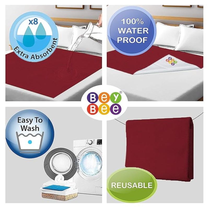 BeyBee Waterproof Quick Dry Sheet for Baby| Bed Pad Anti-Piling Fleece Extra Absorbent Washable Matress Protector| Baby Bed Protector Sheet for Toddler Children, X-Large Size, 200 x 140cm, Maroon