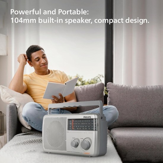 Philips Radio RL384/94 with MW/FM/SW, 500mW +1 dB RMS Sound Output, 3xR20 (4.5V DC) Battery, 4.5V External DC Socket, Without Battery/Adaptor (Grey)