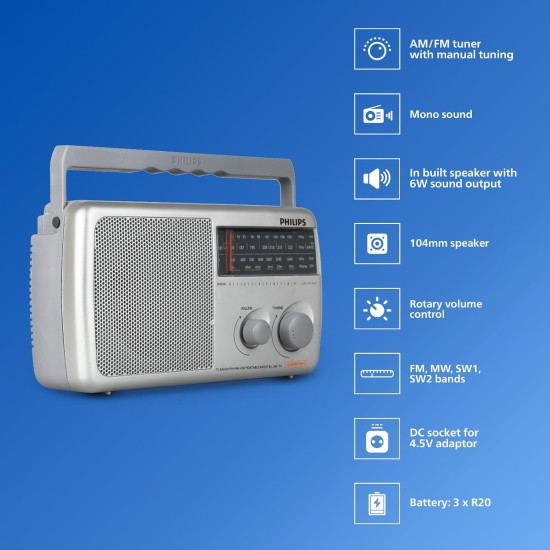 Philips Radio RL384/94 with MW/FM/SW, 500mW +1 dB RMS Sound Output, 3xR20 (4.5V DC) Battery, 4.5V External DC Socket, Without Battery/Adaptor (Grey)