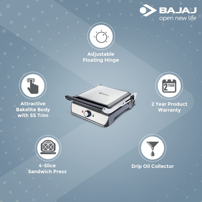 Bajaj Majesty Grill Ultra 2000W 4-Slice Grill Sandwich Maker | 180 Open Grill | Adjustable Hinge and Temperature Control | Non-Stick Coated Plate | Drip Oil Collector | 2-Yr Warranty by Bajaj | Black