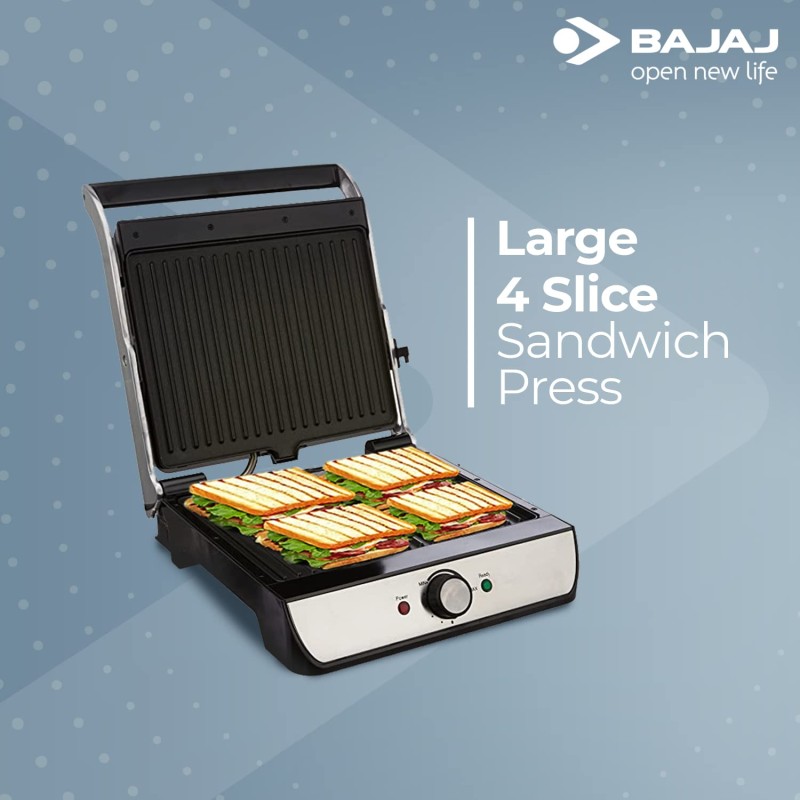 Bajaj Majesty Grill Ultra 2000W 4-Slice Grill Sandwich Maker | 180 Open Grill | Adjustable Hinge and Temperature Control | Non-Stick Coated Plate | Drip Oil Collector | 2-Yr Warranty by Bajaj | Black
