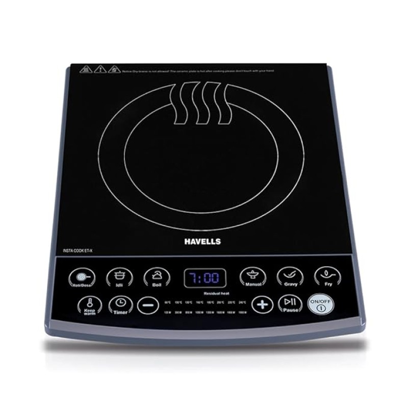Havells Induction Cooktop (Electric Stove) Et-X Ceramic Plate |1900W | Indian Menu Option | Voltage Surge Protector | Auto Shutoff | Over Heat Protection | 2 Years Coil Manufacturing Warranty (Gray) Havells Induction Cooktop (Electric Stove) Et-X Ceramic Plate |1900W | Indian Menu Option | Voltage Surge Protector | Auto Shutoff | Over Heat Protection | 2 Years Coil Manufacturing Warranty (Gray)