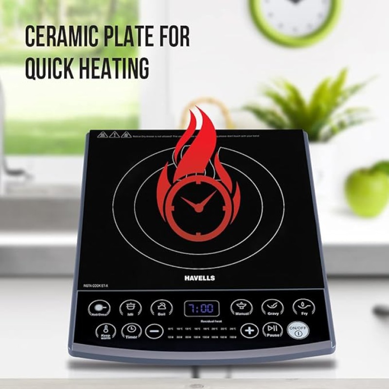 Havells Induction Cooktop (Electric Stove) Et-X Ceramic Plate |1900W | Indian Menu Option | Voltage Surge Protector | Auto Shutoff | Over Heat Protection | 2 Years Coil Manufacturing Warranty (Gray) Havells Induction Cooktop (Electric Stove) Et-X Ceramic Plate |1900W | Indian Menu Option | Voltage Surge Protector | Auto Shutoff | Over Heat Protection | 2 Years Coil Manufacturing Warranty (Gray)