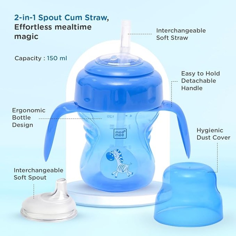 Mee Mee Anti Spill, Interchangeable Sipper/Sippy Cup 150ml with Soft Silicone Spout and Straw BPA Free, 6m+ (Blue)