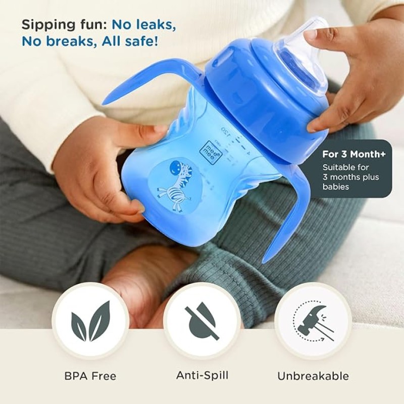 Mee Mee Anti Spill, Interchangeable Sipper/Sippy Cup 150ml with Soft Silicone Spout and Straw BPA Free, 6m+ (Blue)