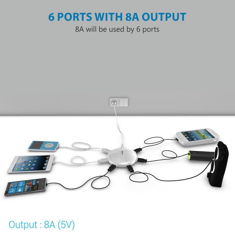 (Refurbished) Portronics POR 343 UFO USB Home Charger 6 Ports 8A Charging Station for Smartphones and Tablets - White (Refurbished) Portronics POR 343 UFO USB Home Charger 6 Ports 8A Charging Station for Smartphones and Tablets - White