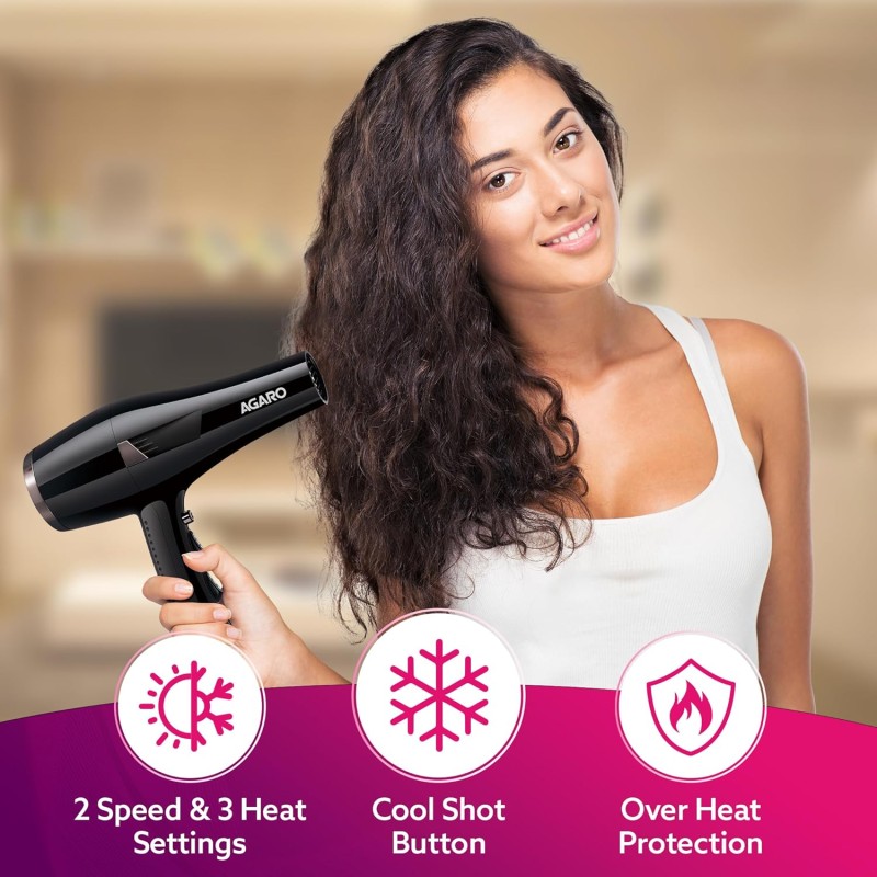 AGARO HD-1150 2000 Watts Professional Hair Dryer with Concentrator, Diffuser & Cool Shot Button- Black AGARO HD-1150 2000 Watts Professional Hair Dryer with Concentrator, Diffuser & Cool Shot Button- Black