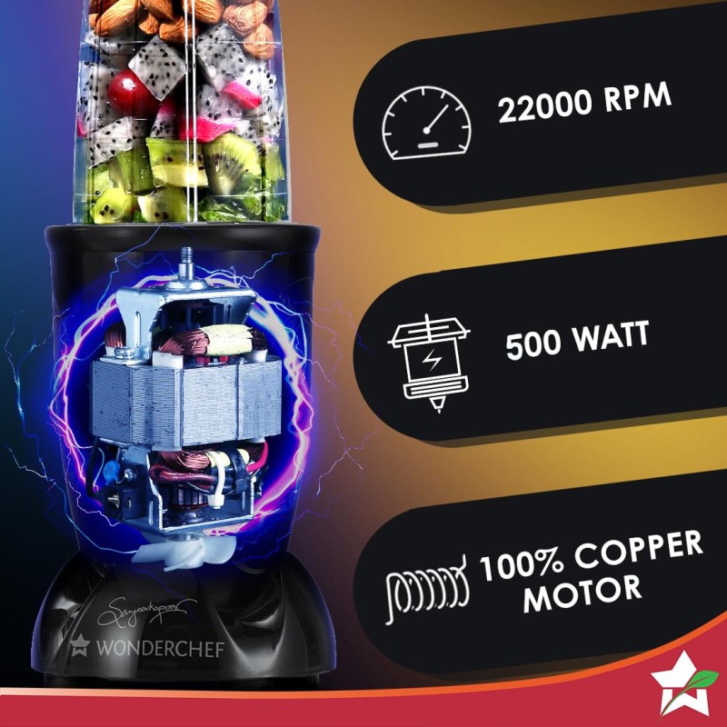 Wonderchef Nutri-blend 500W Juicer Mixer Grinder | Smoothie Maker Blender | 22,000 RPM Full Copper Motor | 2 Unbreakable Jars | Free Recipe Book by Chef Sanjeev Kapoor | 2 Year Warranty | Black Wonderchef Nutri-blend 500W Juicer Mixer Grinder | Smoothie Maker Blender | 22,000 RPM Full Copper Motor | 2 Unbreakable Jars | Free Recipe Book by Chef Sanjeev Kapoor | 2 Year Warranty | Black