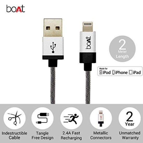 BoAt LTG 500 Apple MFI Certified for iPhone, iPad and iPod 2Mtr Data Cable(Metallic Silver)