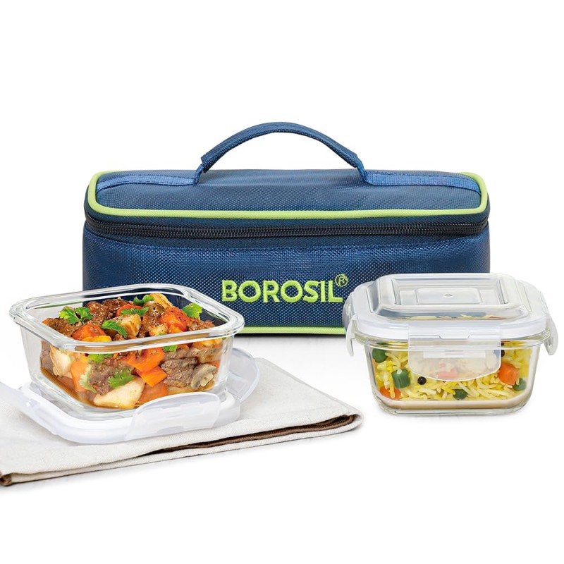 Borosil Klip n Store Lunchbox with Bag | Set of 2 (320ml Each), Square | Borosilicate Glass, Horizontal | Microwave & Dishwasher Safe, Leakproof | Tiffin for Office/School/College | Blue, Transparent Borosil Klip n Store Lunchbox with Bag | Set of 2 (320ml Each), Square | Borosilicate Glass, Horizontal | Microwave & Dishwasher Safe, Leakproof | Tiffin for Office/School/College | Blue, Transparent