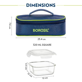 Borosil Klip n Store Lunchbox with Bag | Set of 2 (320ml Each), Square | Borosilicate Glass, Horizontal | Microwave & Dishwasher Safe, Leakproof | Tiffin for Office/School/College | Blue, Transparent Borosil Klip n Store Lunchbox with Bag | Set of 2 (320ml Each), Square | Borosilicate Glass, Horizontal | Microwave & Dishwasher Safe, Leakproof | Tiffin for Office/School/College | Blue, Transparent