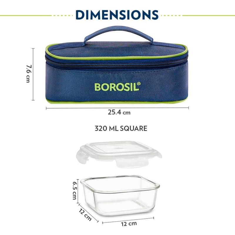 Borosil Klip n Store Lunchbox with Bag | Set of 2 (320ml Each), Square | Borosilicate Glass, Horizontal | Microwave & Dishwasher Safe, Leakproof | Tiffin for Office/School/College | Blue, Transparent Borosil Klip n Store Lunchbox with Bag | Set of 2 (320ml Each), Square | Borosilicate Glass, Horizontal | Microwave & Dishwasher Safe, Leakproof | Tiffin for Office/School/College | Blue, Transparent