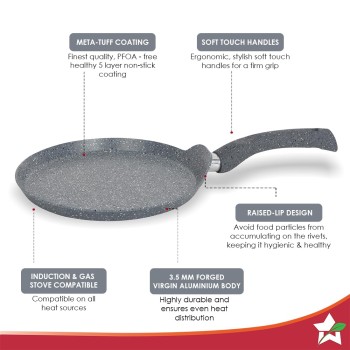 Wonderchef Granite 24cm Non-Stick Dosa Tawa | Induction Bottom | Soft-Touch Handles | Virgin Aluminium | PFOA/Heavy Metals Free | 3.5mm| Grey Wonderchef Granite 24cm Non-Stick Dosa Tawa | Induction Bottom | Soft-Touch Handles | Virgin Aluminium | PFOA/Heavy Metals Free | 3.5mm| Grey