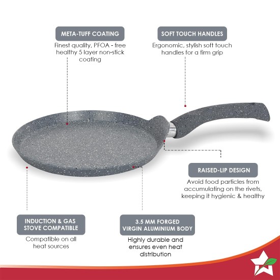 Wonderchef Granite 24cm Non-Stick Dosa Tawa | Induction Bottom | Soft-Touch Handles | Virgin Aluminium | PFOA/Heavy Metals Free | 3.5mm| Grey