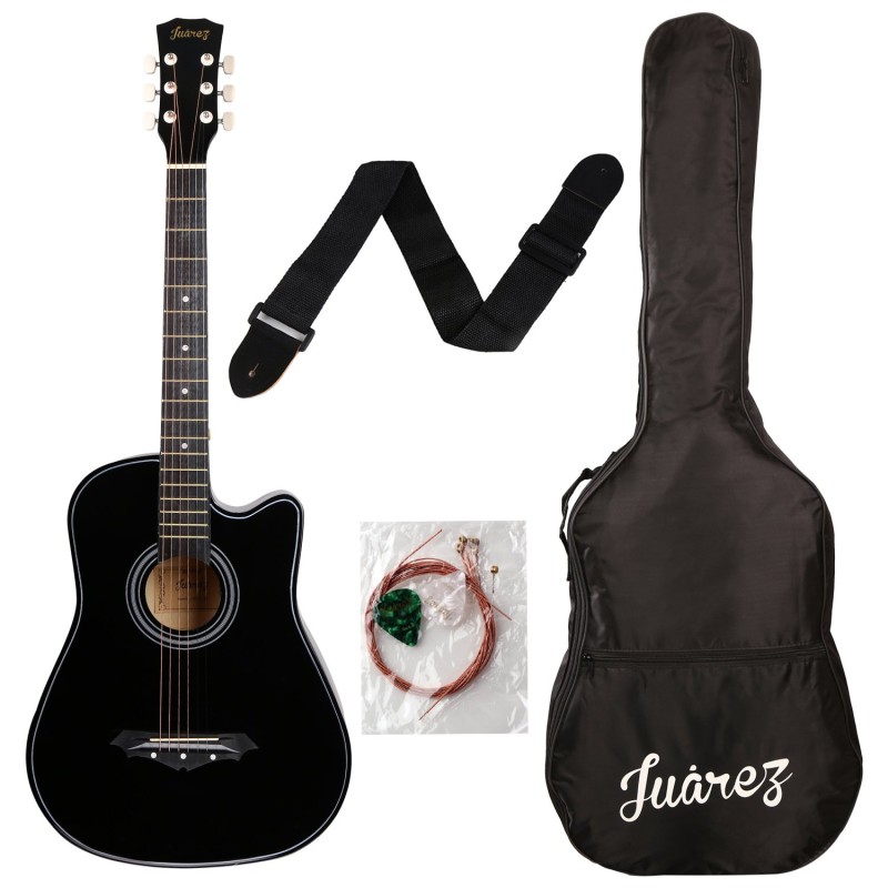 Juârez Acoustic Guitar, 38 Inch Cutaway, 038C with Bag, Strings, Pick and Strap, Black Juârez Acoustic Guitar, 38 Inch Cutaway, 038C with Bag, Strings, Pick and Strap, Black