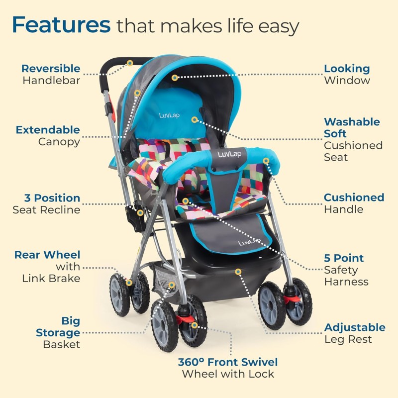 LuvLap Sunshine Baby Stroller/Pram For 0 To 3 Years, New Born/Toddler/Kid, 5 Point Safety Harness, Adjustable Backrest, 360? Swivel Wheel, Large Storage Basket, Reversible Handlebar (Teal) LuvLap Sunshine Baby Stroller/Pram For 0 To 3 Years, New Born/Toddler/Kid, 5 Point Safety Harness, Adjustable Backrest, 360? Swivel Wheel, Large Storage Basket, Reversible Handlebar (Teal)
