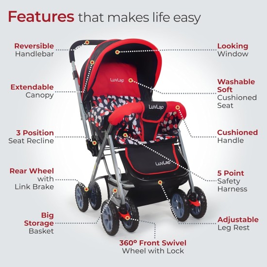 LuvLap Sunshine Baby Stroller/Pram for 0 to 3 Years, New Born/Toddler/Kid, 5 Point Safety Harness, Adjustable backrest, 360° Swivel Wheel, Large Storage Basket, Reversible Handlebar (Red) LuvLap Sunshine Baby Stroller/Pram for 0 to 3 Years, New Born/Toddler/Kid, 5 Point Safety Harness, Adjustable backrest, 360° Swivel Wheel, Large Storage Basket, Reversible Handlebar (Red)
