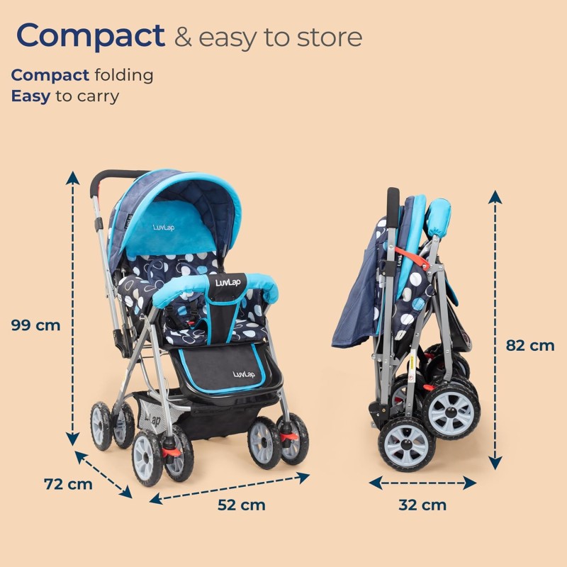 LuvLap Sunshine Baby Stroller/Pram for 0 to 3 Years, New Born/Toddler/Kid, 5 Point Safety Harness, Adjustable backrest, 360� Swivel Wheel, Large Storage Basket, Reversible Handlebar (Blue)