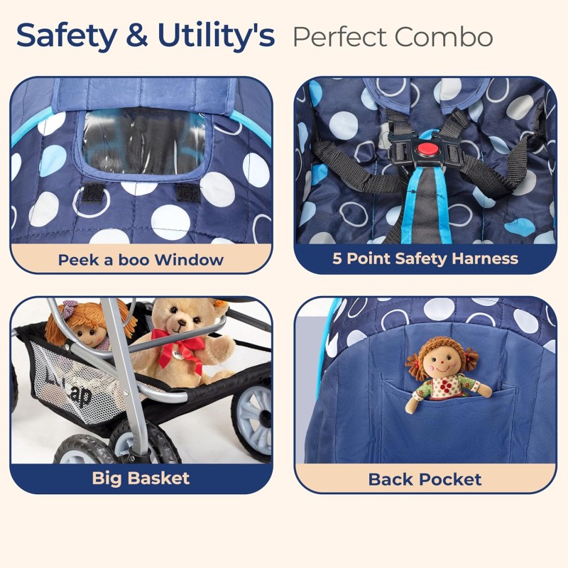 LuvLap Sunshine Baby Stroller/Pram for 0 to 3 Years, New Born/Toddler/Kid, 5 Point Safety Harness, Adjustable backrest, 360� Swivel Wheel, Large Storage Basket, Reversible Handlebar (Blue)