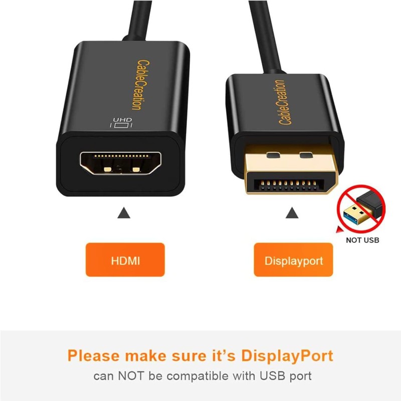 CableCreation Active DisplayPort to HDMI Adapter – 4K UHD, 3D Audio & Video, Eyefinity Multi-Screen Support – Black