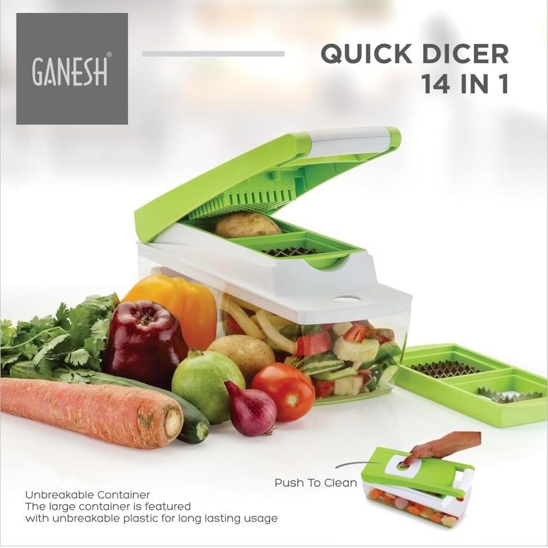 Ganesh 14 in 1 Multipurpose Chopper, Fruits & Vegetable Cutters, Grater Peeler Chipser, Unbreakable Food Grade Body, Easy Push to Clean Button Slicer Dicer, Chopper for Kitchen (Green, Plastic) Ganesh 14 in 1 Multipurpose Chopper, Fruits & Vegetable Cutters, Grater Peeler Chipser, Unbreakable Food Grade Body, Easy Push to Clean Button Slicer Dicer, Chopper for Kitchen (Green, Plastic)