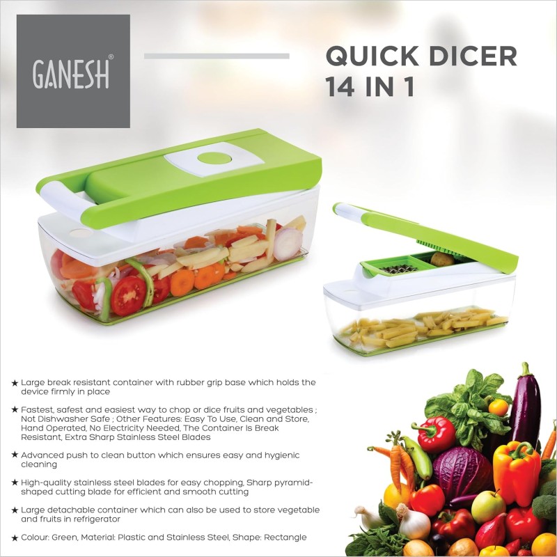 Ganesh 14 in 1 Multipurpose Chopper, Fruits & Vegetable Cutters, Grater Peeler Chipser, Unbreakable Food Grade Body, Easy Push to Clean Button Slicer Dicer, Chopper for Kitchen (Green, Plastic) Ganesh 14 in 1 Multipurpose Chopper, Fruits & Vegetable Cutters, Grater Peeler Chipser, Unbreakable Food Grade Body, Easy Push to Clean Button Slicer Dicer, Chopper for Kitchen (Green, Plastic)