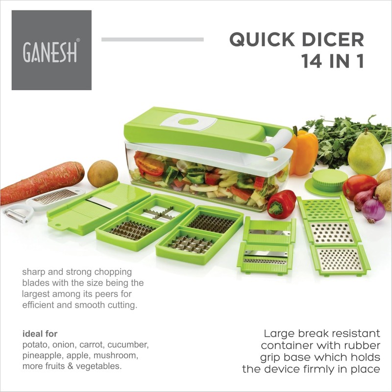 Ganesh 14 in 1 Multipurpose Chopper, Fruits & Vegetable Cutters, Grater Peeler Chipser, Unbreakable Food Grade Body, Easy Push to Clean Button Slicer Dicer, Chopper for Kitchen (Green, Plastic) Ganesh 14 in 1 Multipurpose Chopper, Fruits & Vegetable Cutters, Grater Peeler Chipser, Unbreakable Food Grade Body, Easy Push to Clean Button Slicer Dicer, Chopper for Kitchen (Green, Plastic)