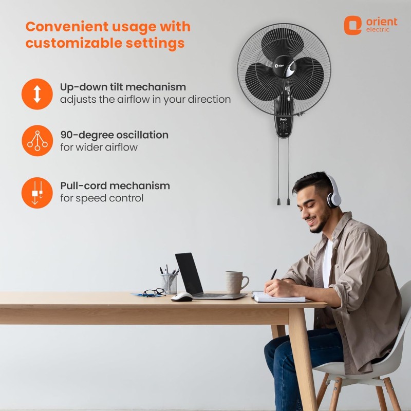 Orient Electric 400 MM Wall-44 Trendz Mount Fan | Wall Mount Fan for Home & Kitchen | Powerful Motor with High Air Delivery |Smooth Oscilation, 3-Speed Control | 2 Years Warranty | Slate Grey