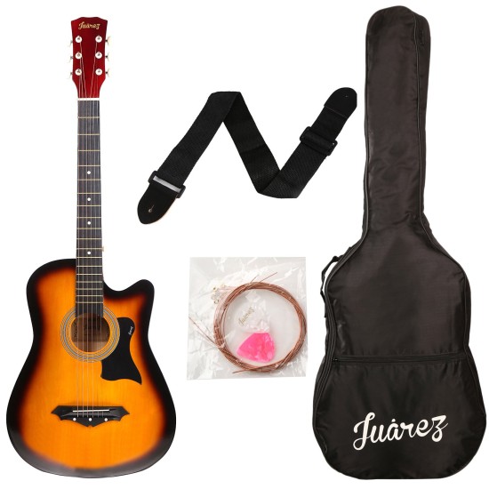 Juârez Acoustic Guitar, 38 Inch Cutaway, 038C with Bag, Strings, Pick and Strap, Black (Acoustic Guitar Kit, SUNBURST)