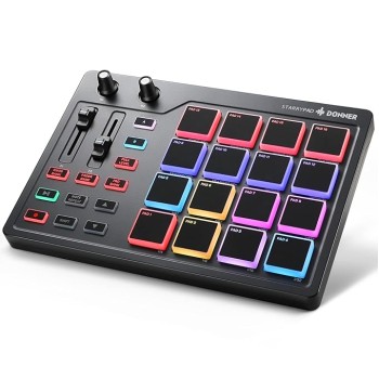 Donner MIDI Pad Controller Keyboard USB Type-C, Professional Drum Pad Machine Beat Maker with 16 Pads, MIDI Out, 2 Assignable Faders and Buttons (STARRYPAD MINI, Black)