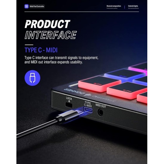 Donner MIDI Pad Controller Keyboard USB Type-C, Professional Drum Pad Machine Beat Maker with 16 Pads, MIDI Out, 2 Assignable Faders and Buttons (STARRYPAD MINI, Black)