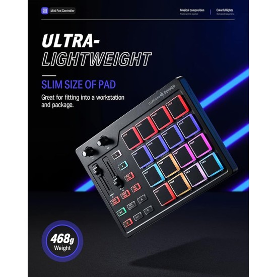 Donner MIDI Pad Controller Keyboard USB Type-C, Professional Drum Pad Machine Beat Maker with 16 Pads, MIDI Out, 2 Assignable Faders and Buttons (STARRYPAD MINI, Black)