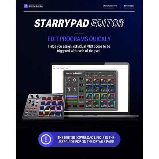 Donner MIDI Pad Controller Keyboard USB Type-C, Professional Drum Pad Machine Beat Maker with 16 Pads, MIDI Out, 2 Assignable Faders and Buttons (STARRYPAD MINI, Black)